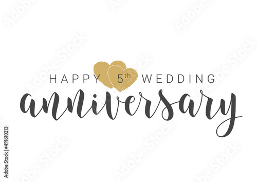 Vector Illustration. Handwritten Lettering of Happy 5th Wedding Anniversary. Template for Banner, Card, Label, Postcard, Poster, Sticker, Print or Web Product. Objects Isolated on White Background. photo