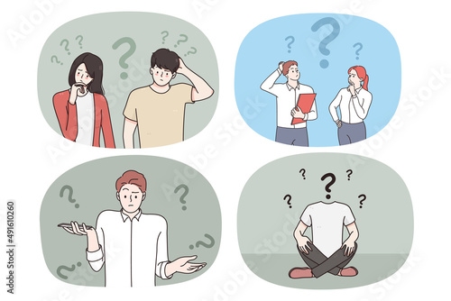 Set of pensive diverse people with question marks think over problem solution. Collection of men and women brainstorm feel confused frustrated with trouble solving. Flat vector illustration. 