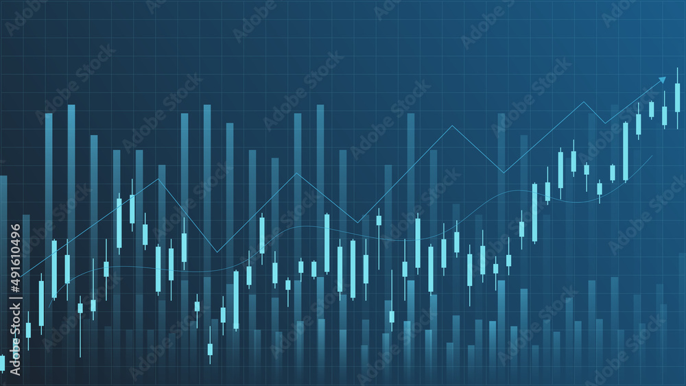 stock market and cryptocurrency trading chart concept. candlestick and bar graph with volume indicator show digital money or financial statistics and business earning management on blue background 