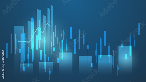 stock market and cryptocurrency trading chart concept. candlestick and bar graph with volume indicator show digital money or financial statistics and business earning management on blue background 