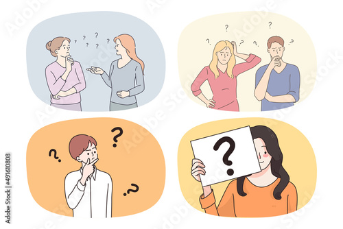 Collection of men and women brainstorm think solve problem or dilemma. Set of diverse people with question marks consider trouble solution. Frustration and confusion. Vector illustration. 