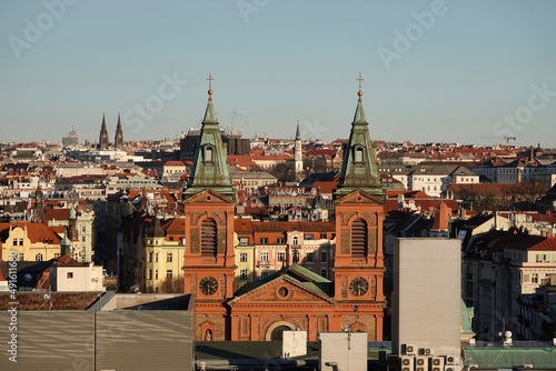 Church of St. Wenceslas on Smichov, Prague, Czech Republic. Three-nave basilica in the neo-Renaissance style. Two side 50-meter towers. High quality photo