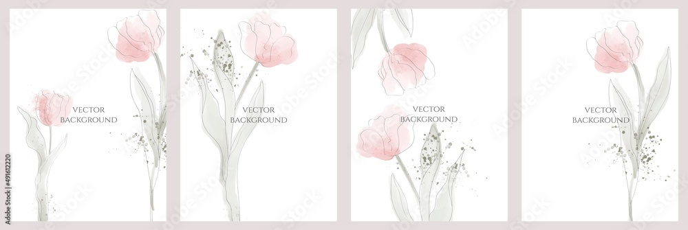 Set of vector abstract universal backgrounds templates in minimal style with flowers and watercolor splashes Set of vector abstract universal backgrounds templates in minimal style with flowers and watercolor splashes