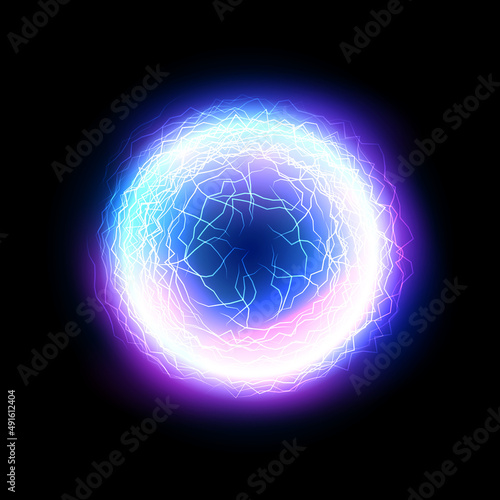 Electric lightning ball energy magic effect burst sphere. Vector power lightning energy magic glow circle