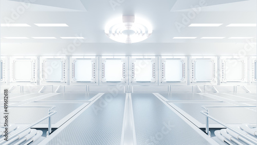 Fototapeta Naklejka Na Ścianę i Meble -  Corridor in space station or in laboratory decorated with grey color. futuristic and technology background, 3D Render.