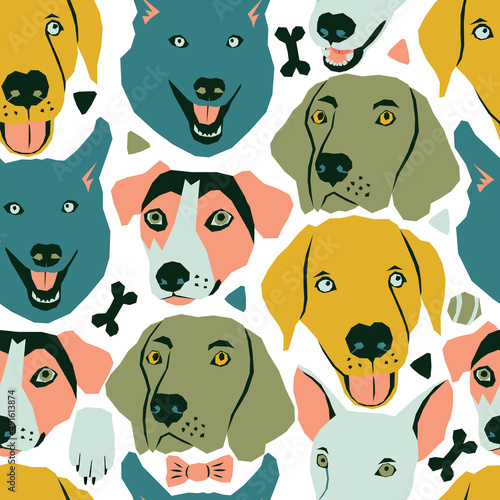 Vector seamless pattern with dog muzzles and dog life elements