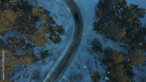 the car rides in the winter forest in extreme cold