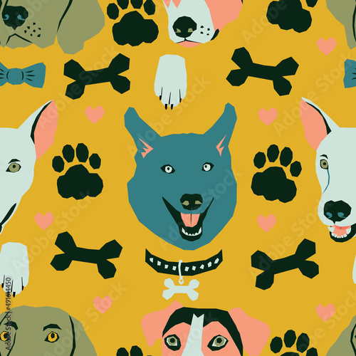 Vector seamless pattern with dog muzzles and dog life elements