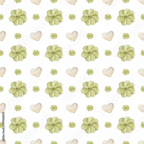 Watercolor seamless digital paper with knitted green flowers and gray hearts. Perfect for printing, web, textile design, souvenirs, scrapbooking.