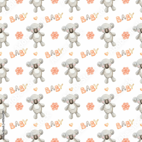 Watercolor seamless pattern with a knitted toy koala. Perfect for printing, web, textile design, souvenirs, scrapbooking.