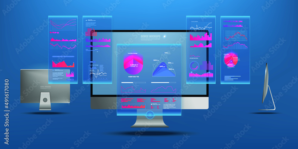 Monitor with stock market chart, user interface and UX data analysis on monitor desktop. Screenshots with holographic charts. Forex exchange and financial statistics Monitor with stock market chart, user interface and UX data analysis on monitor desktop. Screenshots with holographic charts. Forex exchange and financial statistics