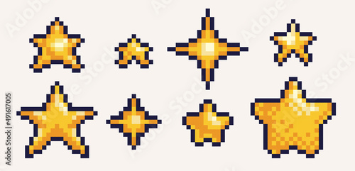 Shiny golden stars pixel art icon set. Rating or ranking symbols logo collection. 8-bit sprite. Game development, mobile app.  Isolated vector illustration.