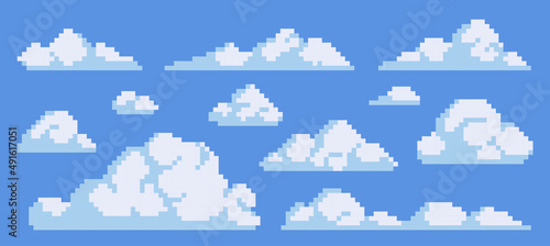 Fluffy clouds pixel art icon set. Smoke or fog, sky elements logo collection. 8-bit sprite. Game development, mobile app.  Isolated vector illustration.