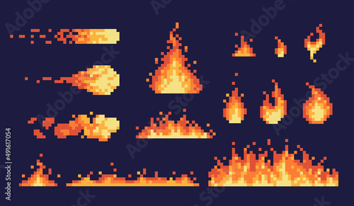 Fire and flames pixel art icon set. Flare sparkles, ignitions logo collection. 8-bit sprite. Game development, mobile app.  Isolated vector illustration.