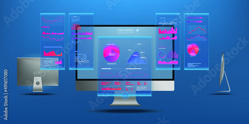 Monitor with stock market chart, user interface and UX data analysis on monitor desktop. Screenshots with holographic charts. Forex exchange and financial statistics