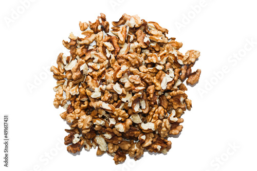 Walnut grains scattered isolated on white background.