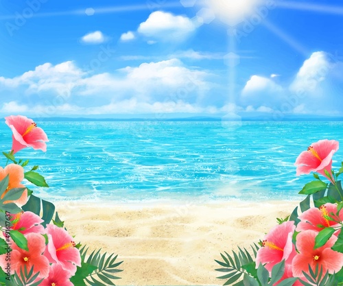 太陽の光差し込む青い空の下、浜辺にハイビスカスの咲く夏の海の煌めくおしゃれフレーム背景素材
