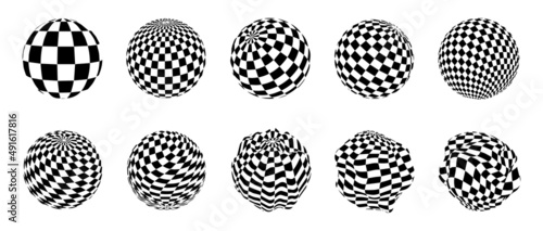 Set of checkerboard textures on spheres. Spheres from twisted stripes. Illusion effect. Black and white 3d art. Vector illustration.