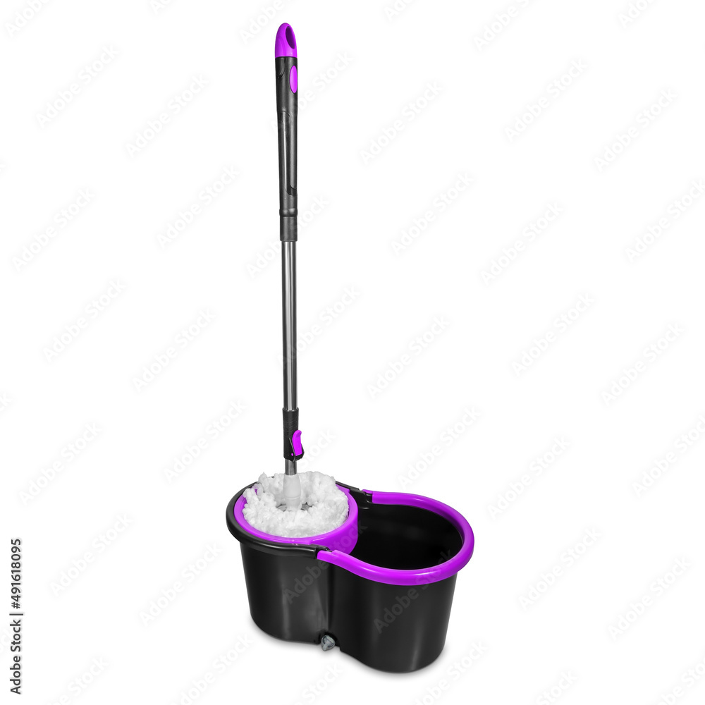 Mop and bucket for cleaning floors at home and in the office. Cleaning service. Isolated on white background Mop and bucket for cleaning floors at home and in the office. Cleaning service. Isolated on white background