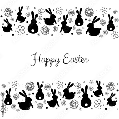 Easter greeting card with bunnies nad flowers. Vector