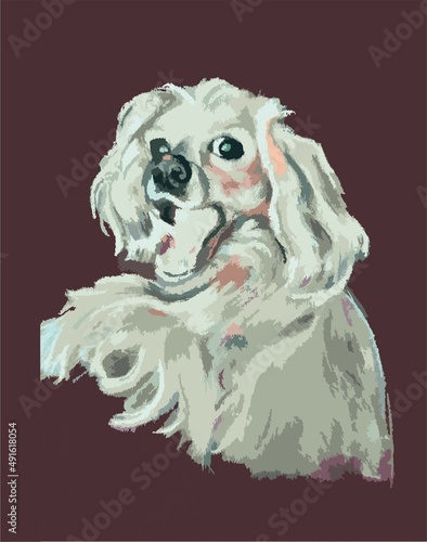 Drawing of a spaniel dog of beige color. Portrait in pastel. Cute funny animal.