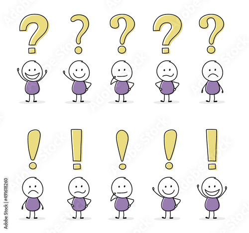 Business concept. Funny stickman with question mark and exclamation mark icon. Vector