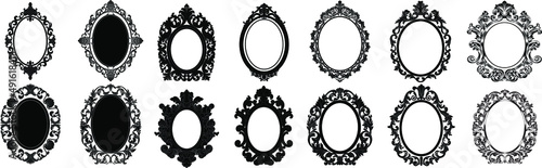 Set of black oval vintage frames, design elements. Vector.