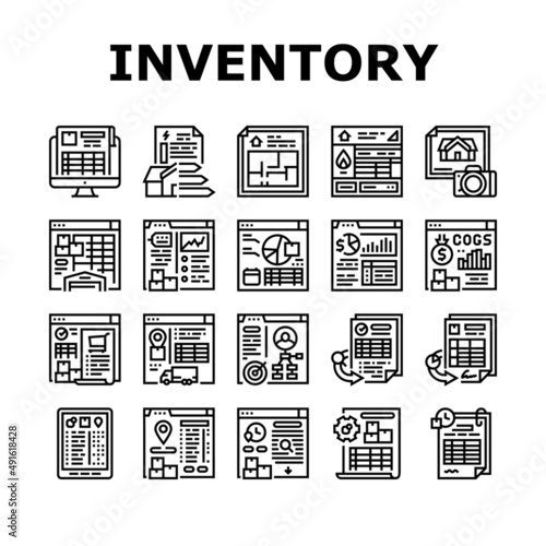 Inventory Analytics And Report Icons Set Vector. Inventory Movement Pending And History Reporting, Gas Safety And Energy Performance Certificates, Sales And Purchase Black Contour Illustrations