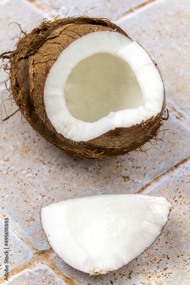 open fresh coconut isolated on a table open fresh coconut isolated on a table