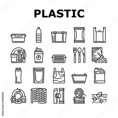 Plastic Accessories And Utensil Icons Set Vector. Plastic Food Container And Tableware, Shampoo Bottle And Canister, Used Polyethylene Bag And Pouch, Spoon And Fork Black Contour Illustrations