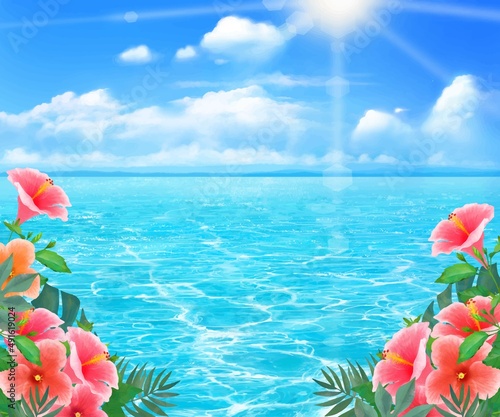 太陽の光差し込む青い空の下、浜辺にハイビスカスの咲く夏の海の煌めくおしゃれフレーム背景素材