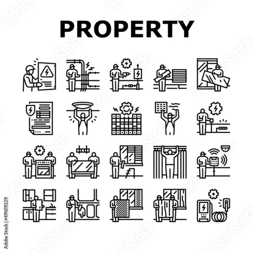 Property Maintenance And Repair Icons Set Vector. Property Furniture Fixing And Electronic Appliance Installation, Kitchen Refurbishment, Windscreen Repairing Replacement Black Contour Illustrations