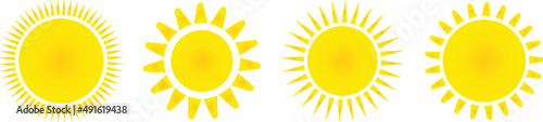 Set of sun icons. Flat vector illustration. Spring and summer element. Sun pictogram. Yellow sunshine isolated on white background.