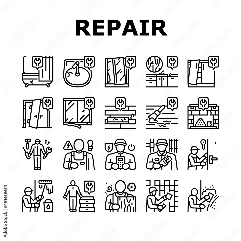 Repair Furniture And Building Icons Set Vector. Repair Door And Bath, Repairing Kitchen Worktop And Fireplace, Locksmith And Carpenter, Electrician Plasterer Worker Builder Black Contour Illustrations Repair Furniture And Building Icons Set Vector. Repair Door And Bath, Repairing Kitchen Worktop And Fireplace, Locksmith And Carpenter, Electrician Plasterer Worker Builder Black Contour Illustrations