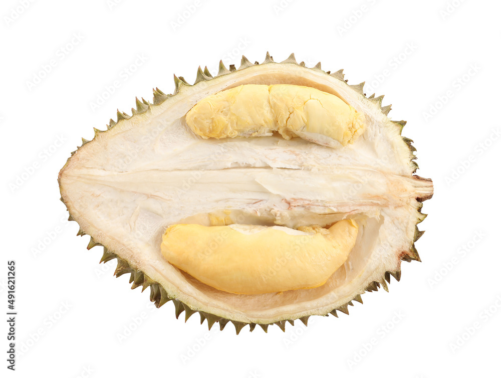 Half of fresh ripe durian isolated on white, top view Half of fresh ripe durian isolated on white, top view