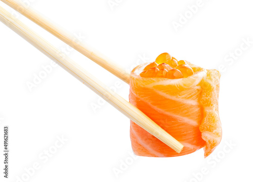sushi with salmon, avocado, tuna and cucumber isolated on white background
