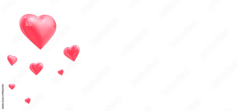 Red hearts on isolated background, abstract colours, 3D illustration