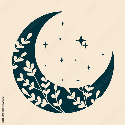 Vector illustration of floral crescent moon with stars. Witchery fortune telling astrology tarot Islam Ramadan concept. Logo element for beauty