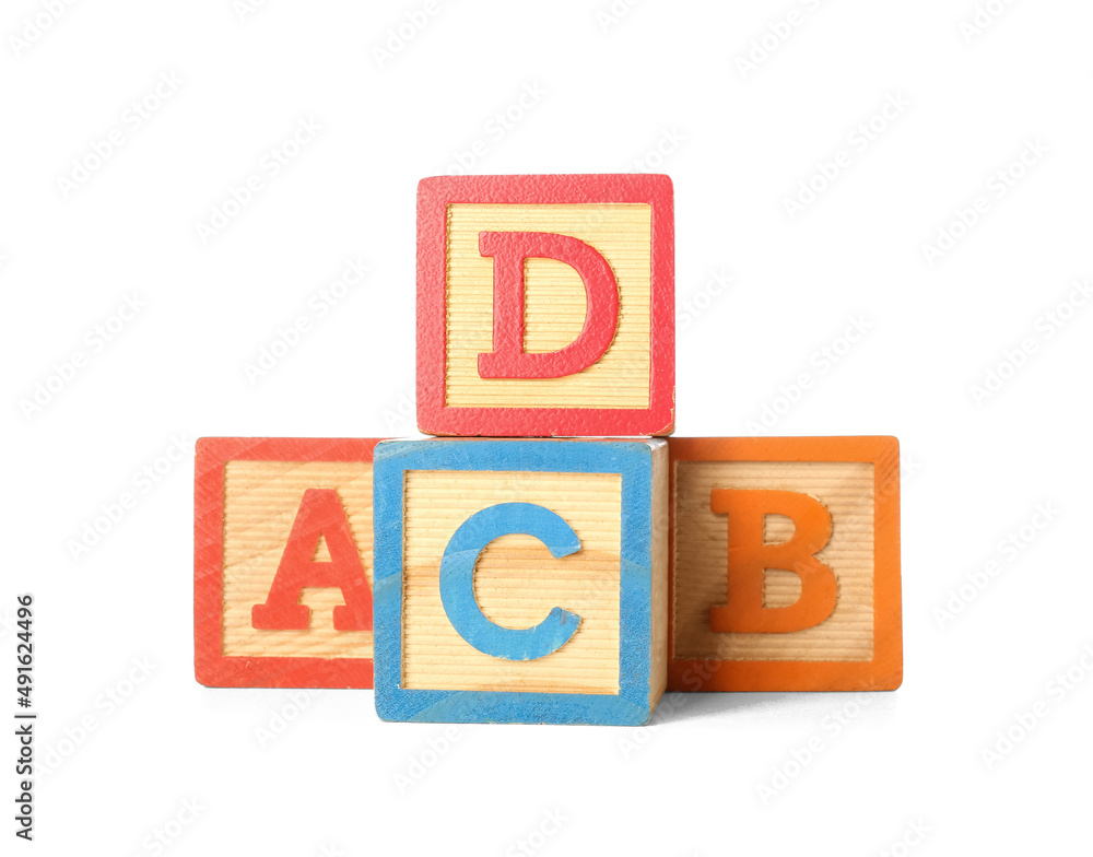 Wooden cubes with letters isolated on white Wooden cubes with letters isolated on white
