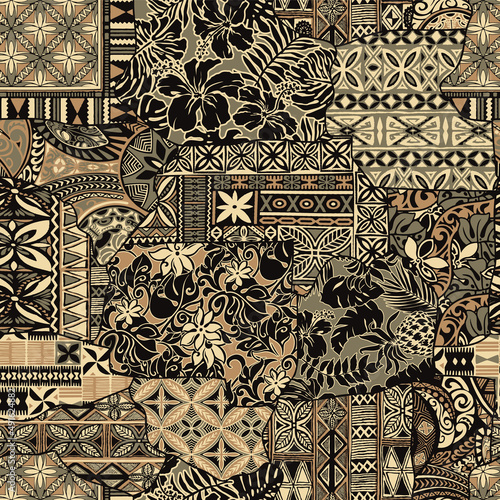 Hawaiian style hibiscus and tribal element fabric patchwork abstract vintage vector seamless pattern 