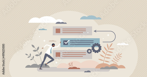 Backlog as agile project management for product software tiny person concept. Project workflow strategy and task priority optimization vector illustration. Database list effective and fast improvement photo