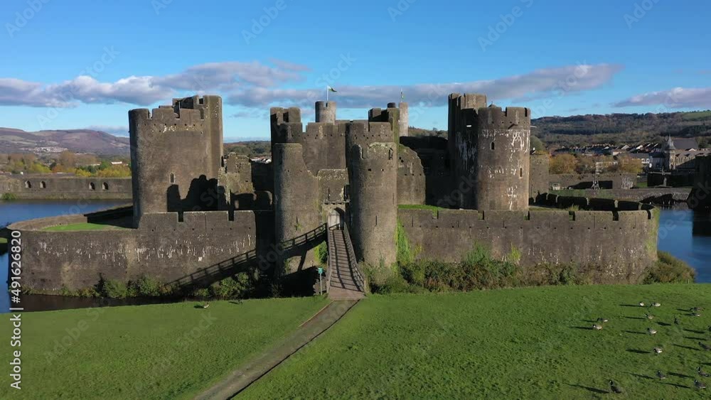 Caerphilly Castle, Castell Caerffili, medieval castle dominating the centre of town, Caerphilly, Glamorgan, Wales, United Kingdom Caerphilly Castle, Castell Caerffili, medieval castle dominating the centre of town, Caerphilly, Glamorgan, Wales, United Kingdom