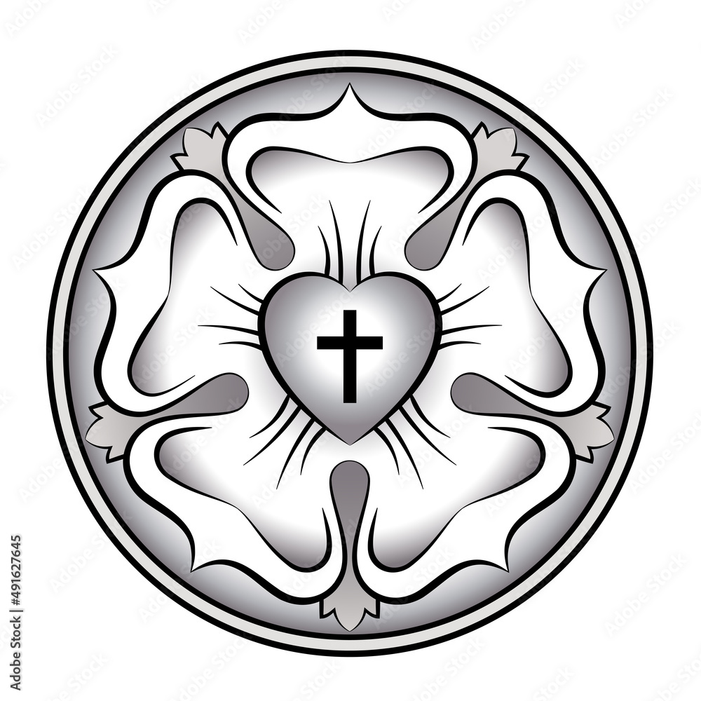 Silver colored Luther rose. Calligraphic Luther seal, a symbol of Lutheranism. Expression of theology and faith of Martin Luther, consisting of a cross in a heart, a single rose, surrounded by a ring. - obrazy, fototapety, plakaty 