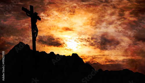 Valokuva Jesus Christ crucified on the cross at Calvary hill