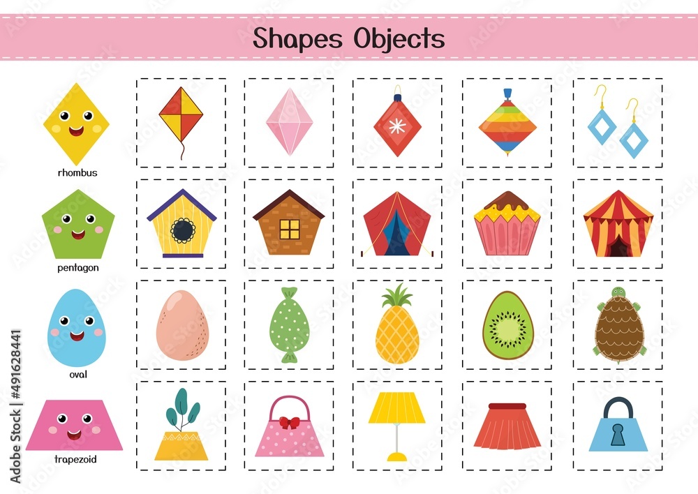 Shapes objects set for kids. Basic geometric shapes elements collection. Material for school and preschool activities and worksheets. Vector illustration Shapes objects set for kids. Basic geometric shapes elements collection. Material for school and preschool activities and worksheets. Vector illustration