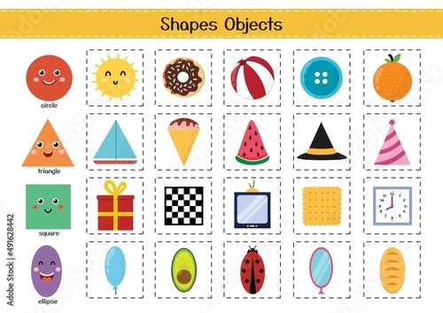 Shapes objects set for kids. Basic geometric shapes elements collection. Material for school and preschool activities and worksheets. Vector illustration