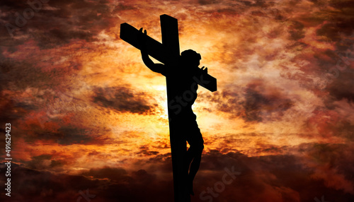Fotografering Jesus Christ crucified on the cross at Calvary hill