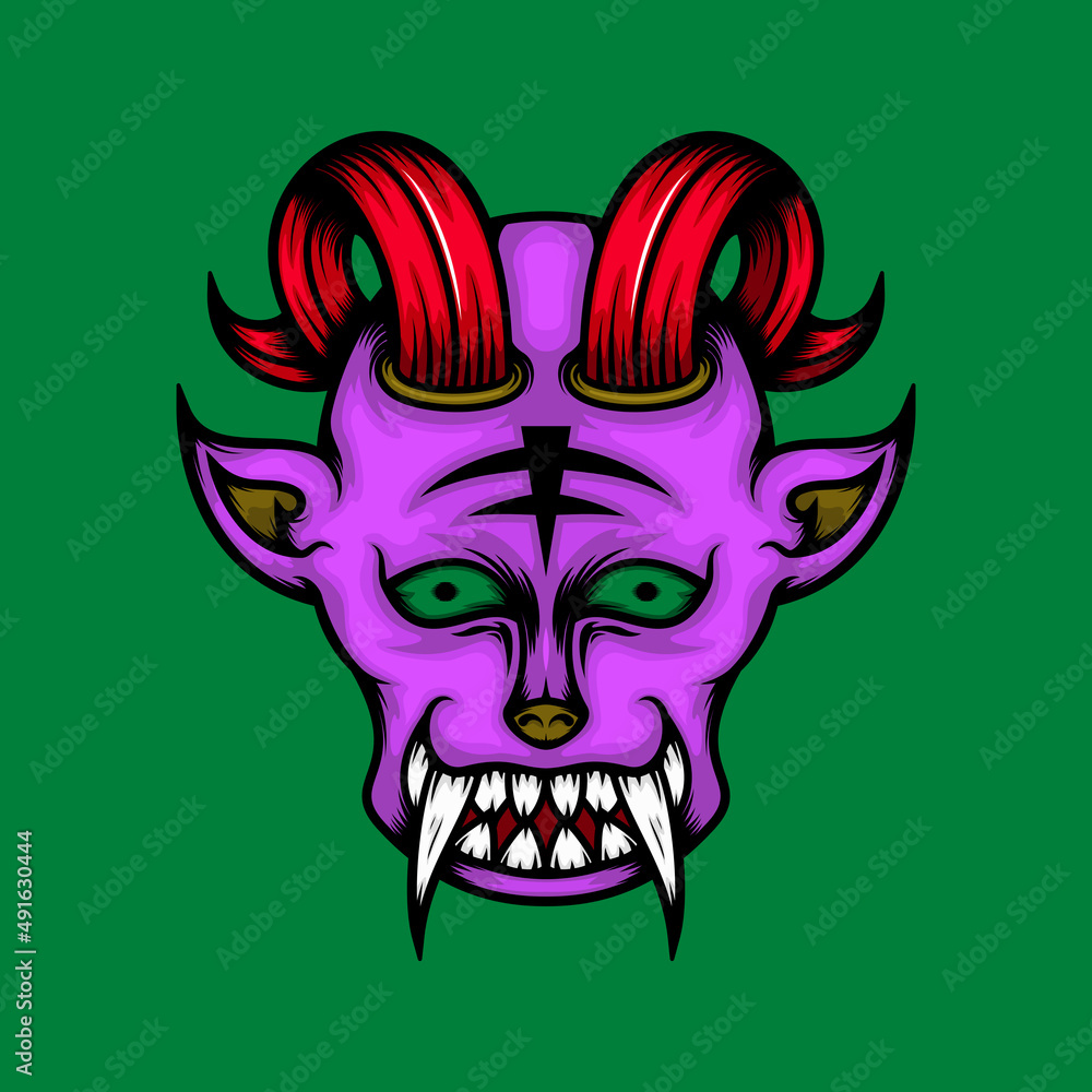 illustration of a purple demon head with red horns, green eyes and white fangs. suitable for mascot, logo or t-shirt design