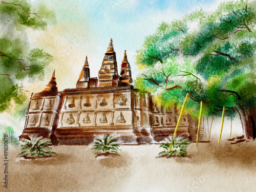 Water Color painting, Ancient pagoda in Jed Yod temple in Chiangmai ,Thailand