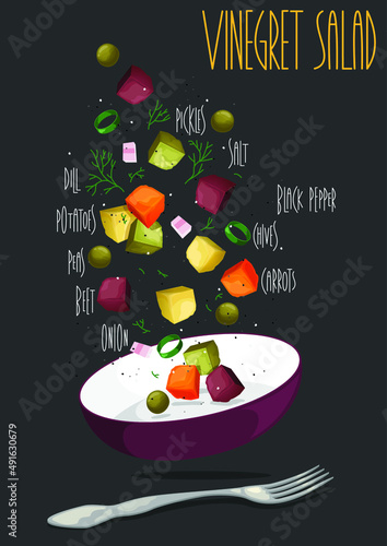 Vinegret, traditional Russian beet salad and vegetables.. Vector illustration